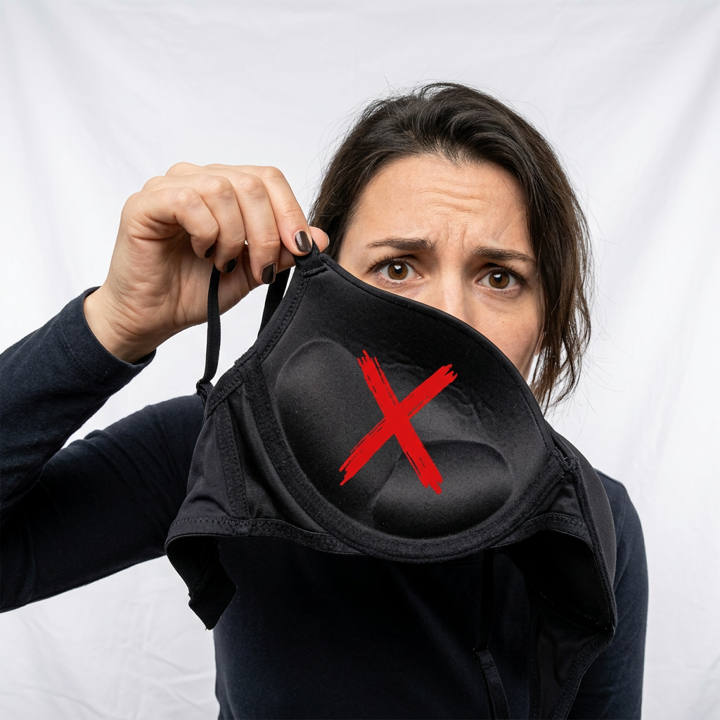 Woman holding up a push-up bra marked with a red X to show what does not work.